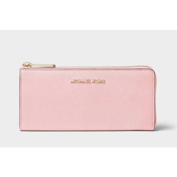 New Michael Kors Jet Set Travel Large Leather Quarter-Zip Wallet Powder Blush - Picture 1 of 2